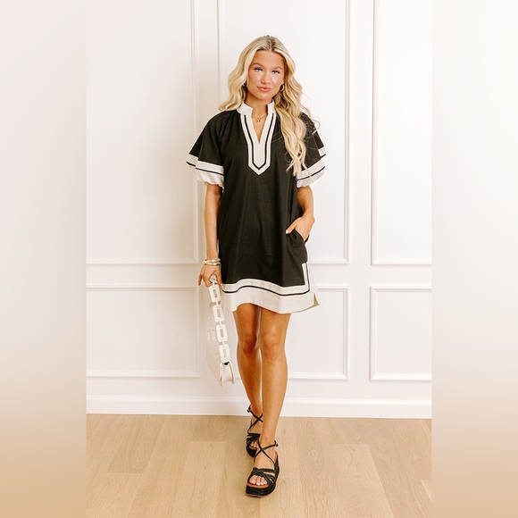 NWT Entro Linen Blend Puff Sleeve Border Dress - Picture 7 of 11